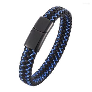 Charm Bracelets Fashion Men Jewelry Punk Black Blue Braided Leather Bracelet For Stainless Steel Magnetic Clasp Male Wrist Band Gifts SP0002