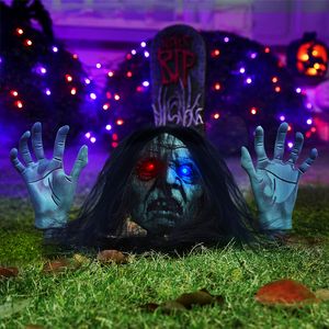 Outros suprimentos para festas de eventos Acenda Halloween Luminous Skull Skeleton Head Hand Arms Realista Zombie Face Arm Lawn Stake para casa assombrada Decoração de cemitério 230904