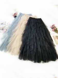 Kjolar mode tutu tyll kjol kvinnor lång maxi kjol vår sommar koreansk svart rosa hög midja veckad kjol kvinnlig 230901