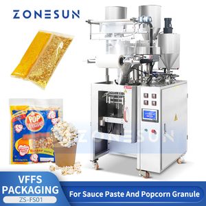 ZONESUN VFFS Macchina per l'imballaggio delle merci Modulo verticale Sigillo di riempimento Confezioni di porzioni di popcorn Kit di sale olio Attrezzatura per l'imballaggio Riempimento della tazza ZS-FS01