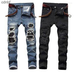 Männer Jeans High Street Ripped Skinny Männer Schwarz Stretch Patch Leder Denim Hosen Blau Slim Bleistift Hosen Männer's2480