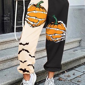 Women s Pants s Halloween Pumpkin Bat Skeleton Hand Color Block Elastic Waist Sweatpants Y2K Streetwear Women Hip Hop Oversized Sports 230901
