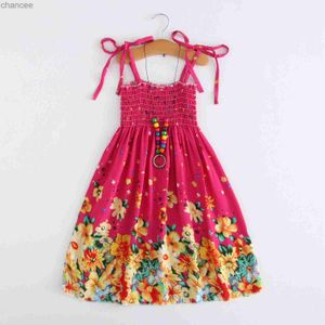 Basic Casual Dresses Summer Girls Floral Dress Sling Ruffles Bohemian Beach Princess Dresses for Girl Clothing 2 6 8 12 Years With Necklace Gift LST230904
