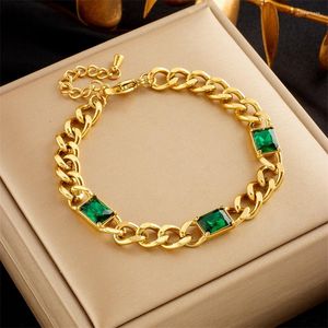 Link pulseiras 316l aço inoxidável minimalista punk retro hip-hop personalidade bloco de cristal verde corrente grossa pulseira de metal pesado