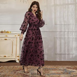 Casual Kleider 2023 Frauen Frühling Druck Kleid Vintage Elegante V-ausschnitt A-linie Solide Puff Sleeve Spitze Voile Mesh Midi Vestidos