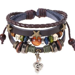 Cuff Handmade Boho Gypsy Hippie Design Brown Leather Star G Clef Note Metal Charms Wood Button Beads Wrap Unisex Adjustable Bracelet x0904