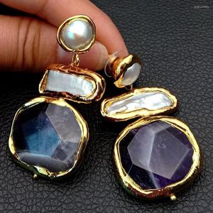 Kolczyki Dangle Yygem Natural Amethyst faseted samorodnik Pave White Biwa Keshi Pearl Freshwater Gold Studed Stud