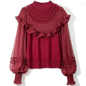 Kvinnors tröjor Högkvalitativ 2023 Autumn Winter Jumpers Damer Pleated Ruffle Floral Beading Deco Långärmning Röda vita svarta toppar