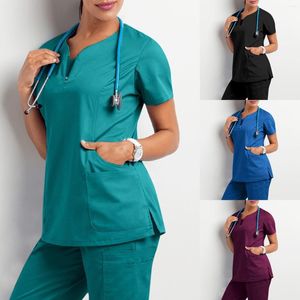 Calças femininas de duas peças Mulheres Manga Curta Scrub Tops Uniforme Sólido V-Pescoço Bolso Cuidados Trabalhadores T-shirt Clínica Salão de Beleza Trabalhando