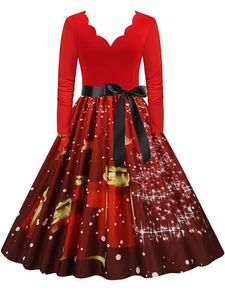 Themenkostüm Damen Weihnachtskleid Winter Langarm V-Ausschnitt Kürbisdruck Halloween Kostüm Partykleider Lässige Vintage S~3XL Kleidung 230904