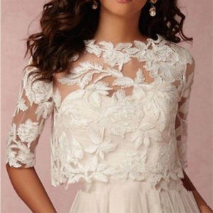 Vintage 2019 Wedding Wrap White Ivory Bolero Bridal Jackets Jewel Neck Half Sleeve Top Leaves Lace BHLDN Plus Size Wedding Jacket321B