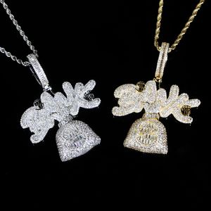 Designer de luxe Iced Out Dollar Money Bag Bank Letter Charm Pendentif Collier avec chaîne de corde Hip Hop Femmes Hommes Plein Pavé 5A Zircone Cubique Cadeau Quotidien Bijoux