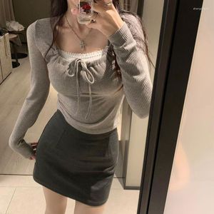 Women's T Shirts 2023 Square Collar Long Sleeve Casual Women Green Spring And Summer Skinny Sexy Solid Basic Crop Top Fashion Streetwear