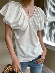 Kadın Tişörtleri Kadınlar V yaka Pileli Nedensel T-Shirt 2023 Yaz Gelgit Uçan Kol Tees Üst Moda Kadın Gömlek Y221