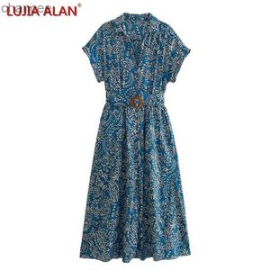 Podstawowe sukienki swobodne Summer New Women Button Dekoracja Pasek wydrukowany Midi Sukienka żeńska swobodna raglan rękaw Eleganckie vestidos Lujia Alan WD2927 LST230904