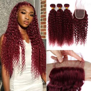 Synthetic Wigs Curly Human Hair Weave Bundles With Closure 99j Red Hair For Women Brazilian Burgundy 3/4 Bundles With Closure 230901