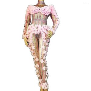 Stage Wear Sparkly Diamond Donna Pole Dancing Manica lunga Fiore rosa Tuta Serata Prom Compleanno Festeggia costume da discoteca