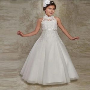 Kız Elbiseler Beyaz Çiçek Elbise Düğünler İçin Kristal Pullu Dantel Aplike Elbise Küçük İlk Komünyon Parti