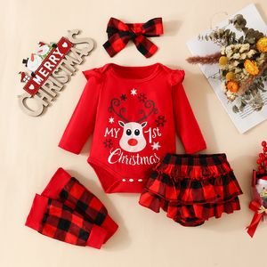 Conjuntos de roupas ma bebê 018m natal nascido infantil bebê menina roupas conjunto letra veado macacão xadrez shorts headband perna mais quente roupa de natal d05 230901