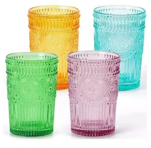 72 pieces /carton Vintage Drinking Glasses Romantic Water Glasses Embossed Romantic Glass Tumbler for Juice Beverages Beer Cocktail FY5525 sep04