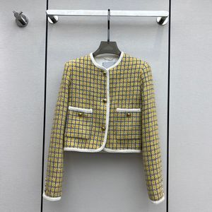 2023 Autumn Yellow Plaid Contrast Trim Tweed Jacket Long Sleeve Round Neck Double Pockets Single-Breasted Jackets Coat Short Outwear Z3S019362