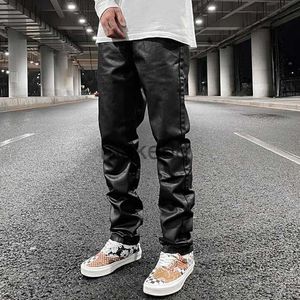 Mäns Haruku Black Pu Leather Pants for Men Y2K Streetwear Baggy Straight Casual Trousers Unisex Hip Hop Overdized Loose Cargos J230904 Emodern888