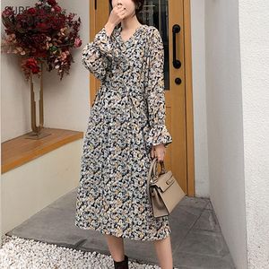 Vestidos casuais estilo coreano floral impressão 2023 primavera v-pescoço vintage vestido mulheres manga longa chiffon robe femenino 13195