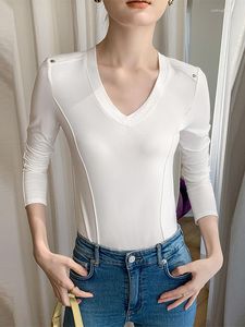 Kadın Tişörtleri Bobokateer Gömlek Kadınlar için Camisetas de Mujer Düzgün Tee Femme V Boyun Uzun Kollu Beyaz Tshirts Kadın Giysileri