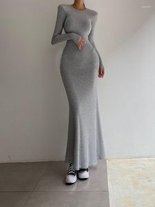 Casual Dresses Elegant O Neck Padded Shoulder Tight Long Sleeves Solid Color Fashion Women's High Waist Fishtail Streetwear