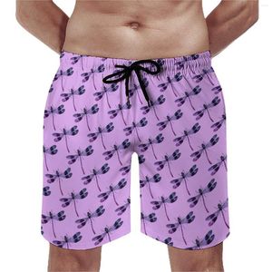 Men's Shorts Board Lavender With Dragonfly Cute Hawaii Swimming Trunks Animal Print Running Surf Plus Size Beach Short Pants