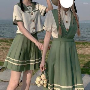 İş elbiseleri Japon jk öğrenci yaz iki parça elbise seti kadın denizci yaka üstleri A-line etek kıyafetler 2023 bayan kızlar yeşil etek