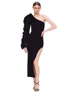 Casual Dresses Autumn Women Black Sexy One Shoulder Long Sleeve Ruffled Cut Out High Split Midi Bandage Bodycon Celebrity Party 2023 Dress