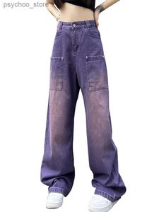 女子ジーンズパープルジーンズアメリカンスタイルハイストリートストレートワイドレッグデニムズボンのための紫色の白い勾配貨物デニムY2K Q230904