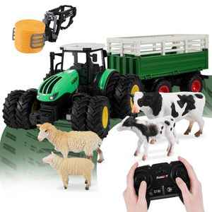 Samochód elektryczny/RC 1/24 RC przyczepa ciągnika z LED LED 8IN1 Zestaw zabawek Farm Zestaw 2,4 GHz Symulator ciężarówek samochodowych dla dzieci Prezent 230901