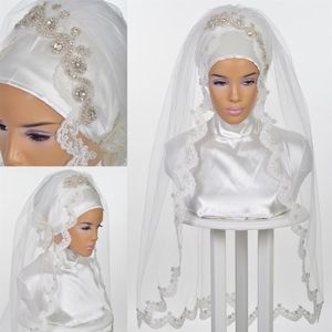 Matrimonio musulmano Hijab nuziale 2020 Strass Cristalli Copricapo da sposa Lunghezza gomito Turbante islamico per le spose Custom Made3254