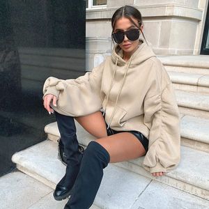 Damen Hoodies Sweatshirts Herbst Winter Weiß Übergroßes Sweatshirt Frauen Khaki Lange Puffärmel Geraffte Lässige Lose Kapuzenmode 230901