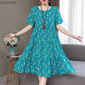 Grundläggande avslappnade klänningar Ny ankomst Casual Summer Dress for Women 2023 Kvinnlig elegant tryck Löst o-hals Bomullskvinnkläder Plus Size LST230904