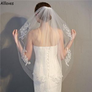 White Ivory Tulle Bride Wedding Veils With One Layer Chic Lace Edged Beaded Women Hair Accessories For Prom Formal Events Headwear246u