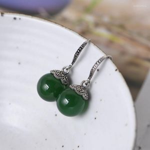 Dingle örhängen FNJ Marcasite Ball Green Agate 925 Silver Original Pure S925 Sterling Drop Earring For Women smycken