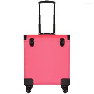 Suitcases Professional Beauty Nail Art Pink Makeup Case Multi-Function Toolbox Leather Roller Trolley Can Store Aluminum Alloy