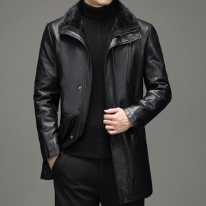 High-End-Herren-Lederjacke, für den Winter, verdickt, warm, mittellang, Schaffell-Trenchcoat, lässig, echtes Leder, Kleidung, Mäntel