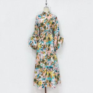 Casual Dresses Fyion Summer Vacation Floral Print Dress Long Sleeve Loose Single Breasted Belt Waist Shrinking Runway Cotton 2023