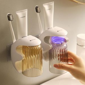Conjunto acessório de banho dos desenhos animados dispensador de pasta de dentes automático espremedor suporte de montagem na parede rack de escova de dentes acessórios de banheiro