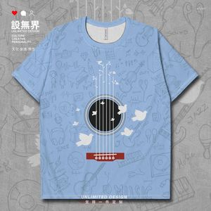 メンズTシャツシンプルさの手描きの音楽機器ギターピジョン創造性小さな新鮮なメンズシャツスポーツ白い服の夏