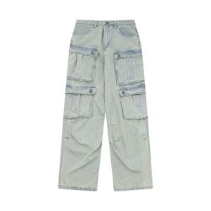 Baggy-Denim-Hose mit mehreren Taschen und weitem Bein, Unisex, High Street, lässige Jeans, gerade, solide Cargo-Hose