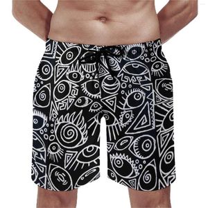 Shorts masculinos Black White Eyes Board Ocupado visão geométrica estética vintage calça curta esportes fitness secation swim sungs