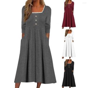 Casual Kleider Frauen Quadrat Kragen Spitze Ausschnitt Midi Kleid Langarm Taschen Lose Saum A-Line Streetwear Vestidos Para Mujer