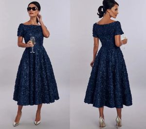 Elegent House Of Mooshki Mother of The Bride Dress 2024 Short Sleeve Ruched Lace Wedding Guest Dresss Tea Length Navy Blue Robe De Soriee