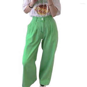 Kadınlar kot retro yeşil yüksek bel pilili geniş bacaklı pantolon kadın şeker renk pantolonları yıkanmış niş çok fazla örtü düz