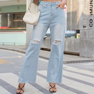 Kadınlar Jeans 2023 Yüksek Bel Mikro Kadınlar İçin Alevlendi Açık Mavi İnce Fit Delikli Uzun Pantolon Gösterim Yükseklik ve İnce 230901
